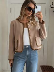 Elyressa 女式秋季金属单排扣长袖口袋休闲夹克 - 卡其色 - 查看 6