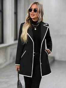 EMERY ROSE 女士秋冬翻领长袖口袋羊毛大衣 - 黑色 - 查看 5