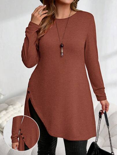 EMERY ROSE Camiseta larga con botones y bajo asimétrico en rojo, ropa de mujer para otoño en talla grande