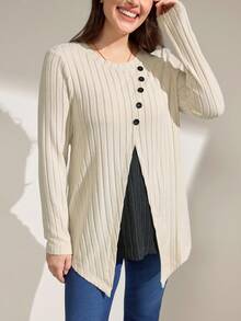 Momelise Plus Size Women's Solid Color Round Neck Regular Shoulder Long Sleeve Ribbed Casual Top - Beige - View 5