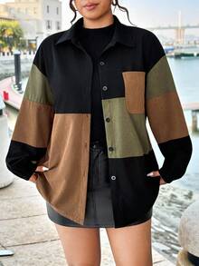 EMERY ROSE Plus Size Women's Fashionable Colorblock Long Sleeve Jacket, Suitable For Outdoor Wear In Autumn/Winter Checkered Corduroy Jacket - Multicolor - View 1