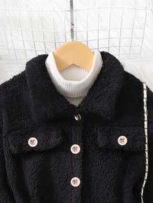 1pc Tween Girl Solid Long Sleeve Collar Fuzzy Jacket