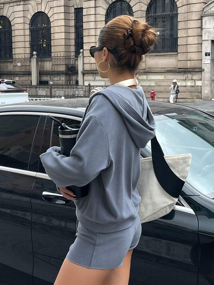 3pcs/Set Sporty Fleece Hooded Jacket, Solid Color Slim Fit Long Sleeve Base Layer Top, Thin Shorts, Women Loungewear Set, Fluffy Winter Clothes