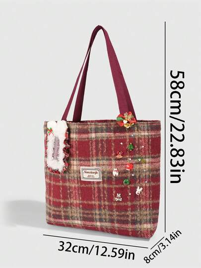 Kawaii A Cute Christmas Wine Red Plaid Tote Bag, A Large Capacity Autumn And Winter Woolen Shoulder Bag, A High-End Christmas Bow, A Reind, A Plush Card Holder Decorated Handbag