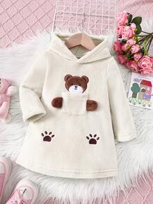 SHEIN Korean Style Casual Minimalist Baby Girls' Hooded Fleece Cartoon Bear Embroidered Sweatshirt Dress, Winter - Beige - View 1