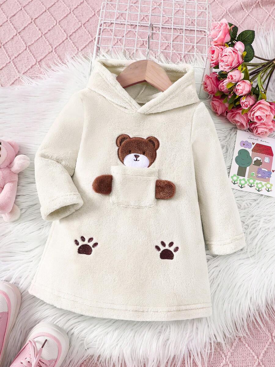 SHEIN Korean Style Casual Minimalist Baby Girls' Hooded Fleece Cartoon Bear Embroidered Sweatshirt Dress, Winter - Beige - View 1