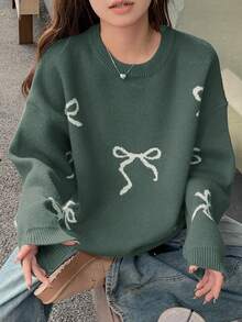 DAZY Sweater Pullover Kasual Wanita Model Longgar dengan Kerah Bulat dan Hiasan Pita - Dark Green - View 5