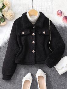 1pc Tween Girl Solid Long Sleeve Collar Fuzzy Jacket