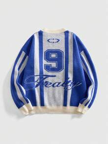 ROMWE MEN Prep Men's Crew Neck Letter Jacquard Knit Sweater, Autumn/Winter - Blue - View 2