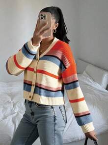 Cardigan tricotat lejer pentru femei, cu dungi, decolteu în V, stil casual, stil vacanță, pulover tricotat cu ciucuri multicolori, croială lejeră, stil dulce și tineresc, toamnă/iarnă