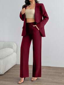 SHEIN Tall Bộ vest nữ màu nâu cà phê cỡ lớn, cài hai nút, không đối xứng, thanh lịch - Màu Đỏ Sâu - Xem 1