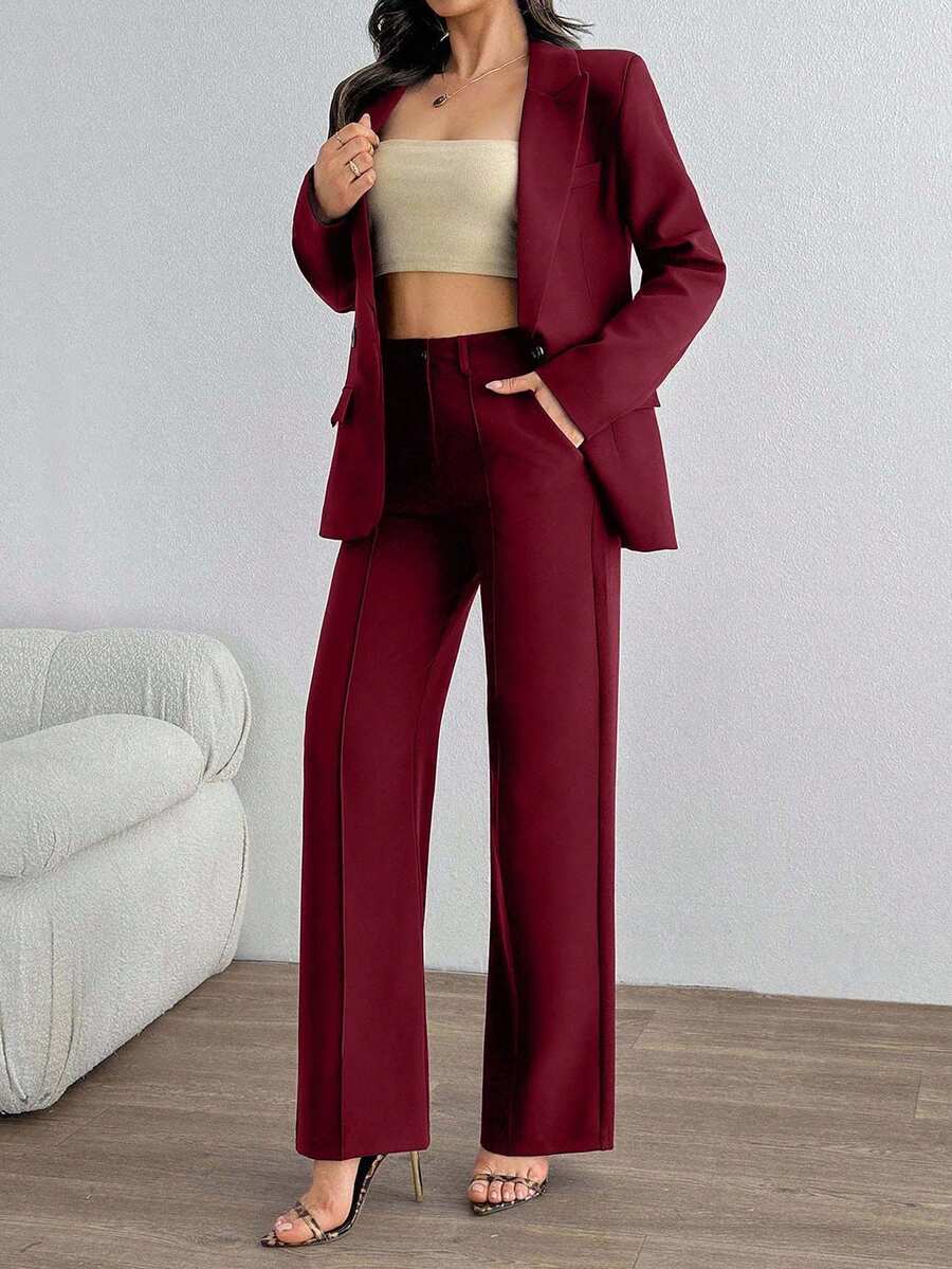 SHEIN Tall Bộ vest nữ màu nâu cà phê cỡ lớn, cài hai nút, không đối xứng, thanh lịch - Màu Đỏ Sâu - Xem 1