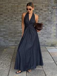 DAZY Women's V-Neck Halter Cinched Waist Long Casual Denim Dress, Summer - Medium Wash - View 4