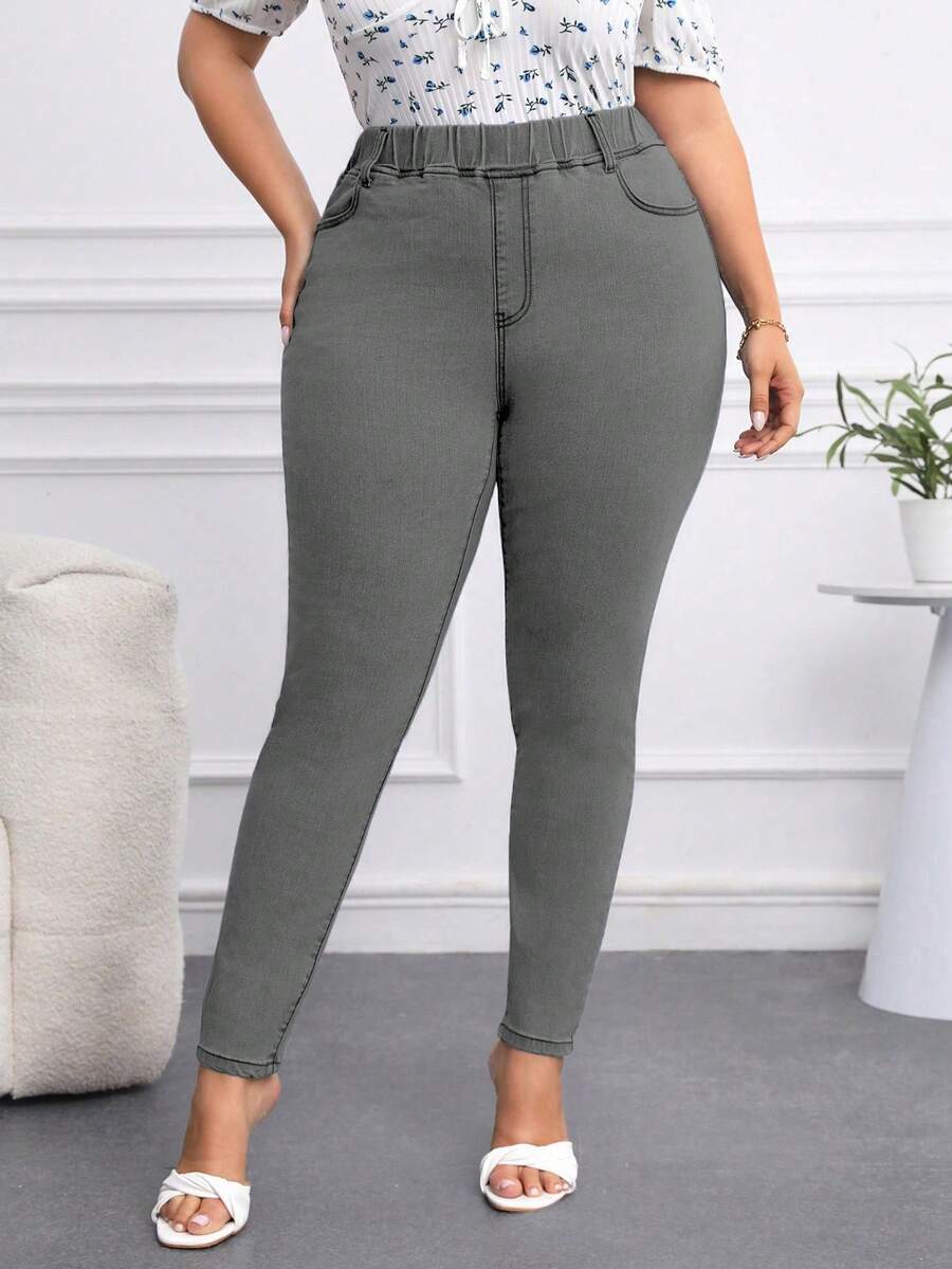 EMERY ROSE Plus Size Women Elastic Waist Casual Skinny Jeggings - Light Grey - View 1