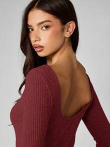 MISSGUIDED Ribbed Knit Long Sleeve Bodycon Mini Dress Off Shoulder Fall Winter Sweater Dress Christmas - Burgundy - View 7