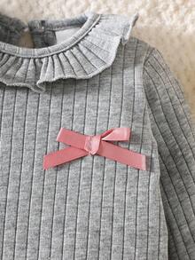 SHEIN 新生儿柔软棉质圆领蝴蝶结长袖上衣和裤子套装，舒适温馨，适合秋冬季 - 灰色 - 查看 4