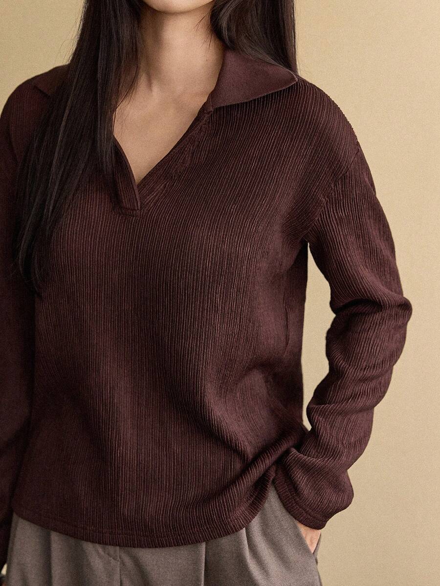 Livesso Blusa feminina folgada, casual, social, de escritório, cor sólida, de malha, patchwork, manga comprida, estilo camisa, outono