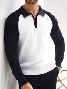 Manfinity CityGents Áo len nam cổ polo tay raglan có khóa kéo màu tương phản, thường ngày, thu/đông - Xanh đậm - Xem 5