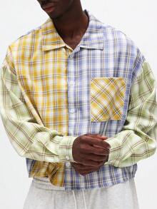 SUMWON Crop Fit Long Sleeve Color Block Check Button Down Shirt With Plaid Pattern Casual - Multicolor - View 4