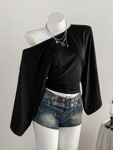 Elamini 女式黑色不对称领蝙蝠翼褶皱腰上衣，优雅复古简约设计，适合工作、约会、休闲穿着 - 黑色 - 查看 4