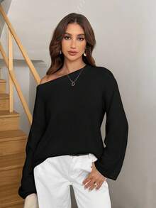 Easowa 女士宽松不对称肩部长袖毛衣上衣，情人节海滩度假完美之选 - 黑色 - 查看 6