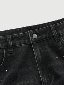 ROMWE MEN Street Life Quần jean ống loe xếp ly đính đá cho nam thường ngày - màu đen - Xem 3