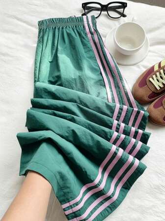 SHEIN 青少年女孩休闲运动拼色条纹裤