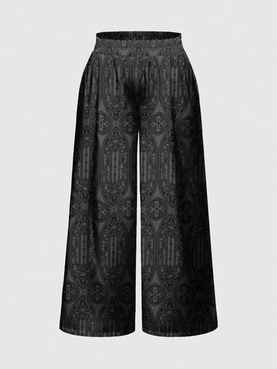 ROMWE Women's Gothic Palace Mysterious Vintage Church Elastic Waist Loose Wide Leg Pants