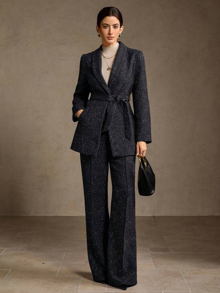 WOOL TAILORED FLARE LEG SUIT PANTS