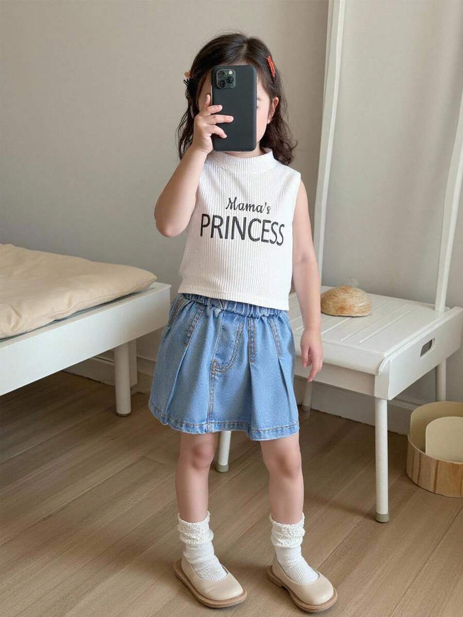 SHEIN 女婴半高领短款图案印花棉质罗纹上衣和百褶裙 2 件套 - 白色 - 查看 1