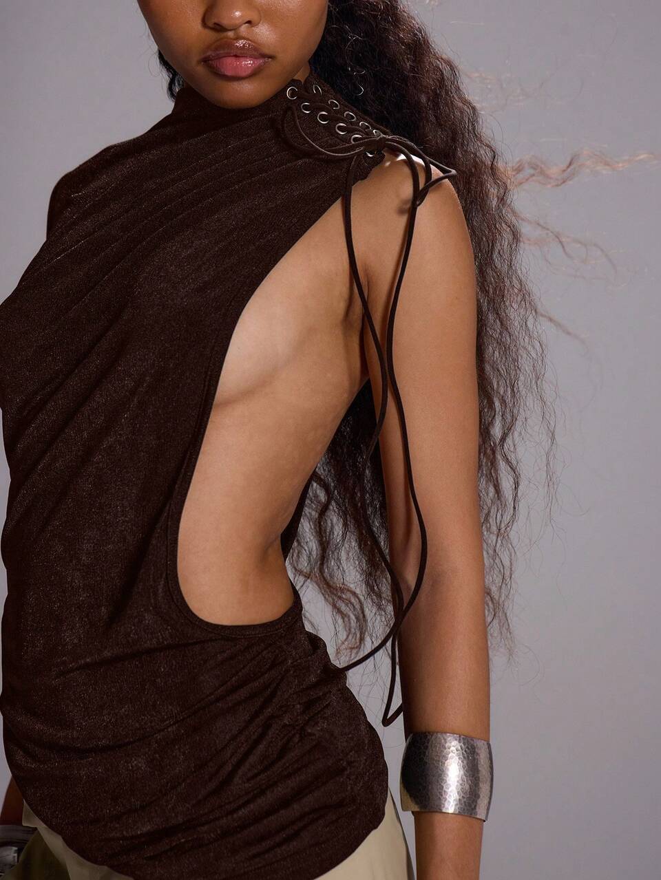 Asymmetric Eyelet Cut Out Slinky Top Sexy Going Out Fall Autumn  Elegant Dystopian  Party Holidays Party Spring Summer
