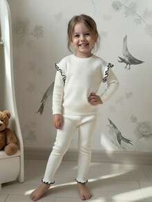 SHEIN Conjunto de suéter de manga larga y pantalones de ajuste holgado para niñas, suéter de punto con dobladillo con volantes y pantalones, cómodo para uso casual, adecuado para otoño/invierno - Albaricoque - Ver 4
