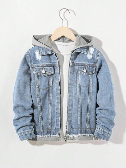 SHEIN Chaqueta casual de moda para niño con capucha de punto gris, empalmada con denim azul de manga larga y rasgada, para uso diario y otoño, ropa para niños