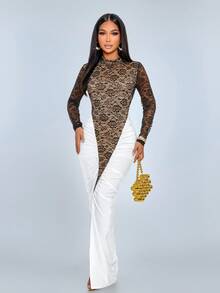 SOLERSUN Women's Elegant White Floral Lace Long Sleeve Mock Neck Colorblock Split Maxi Dress,Seductive Ruched Bodycon Autumn Long Dress For Night Out Party - Black and White - View 5