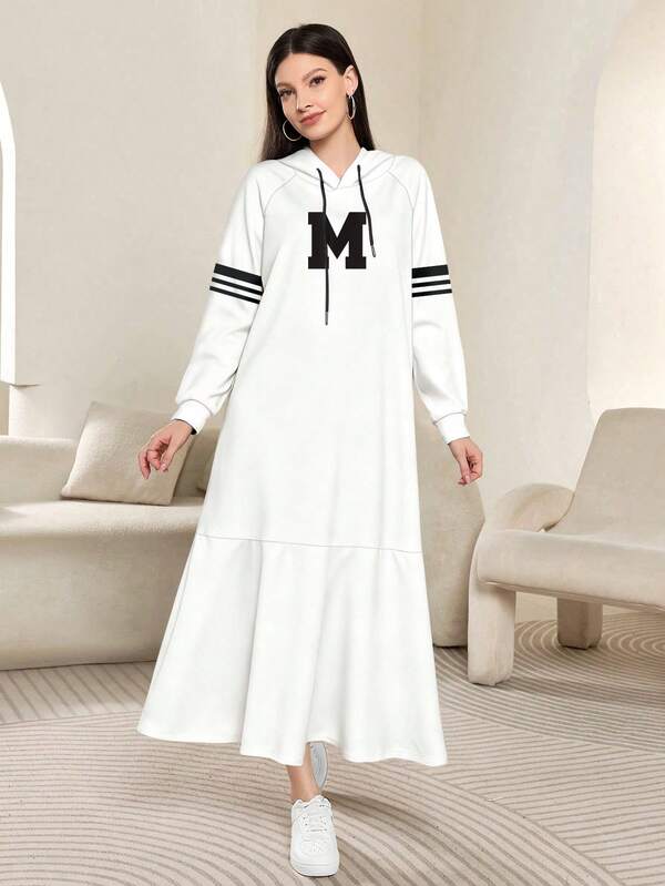 Modelyn M Letter Patchwork Striped Print Fashionable Hooded Raglan Long Sleeve Women's Long Dress, Spring/Autumn