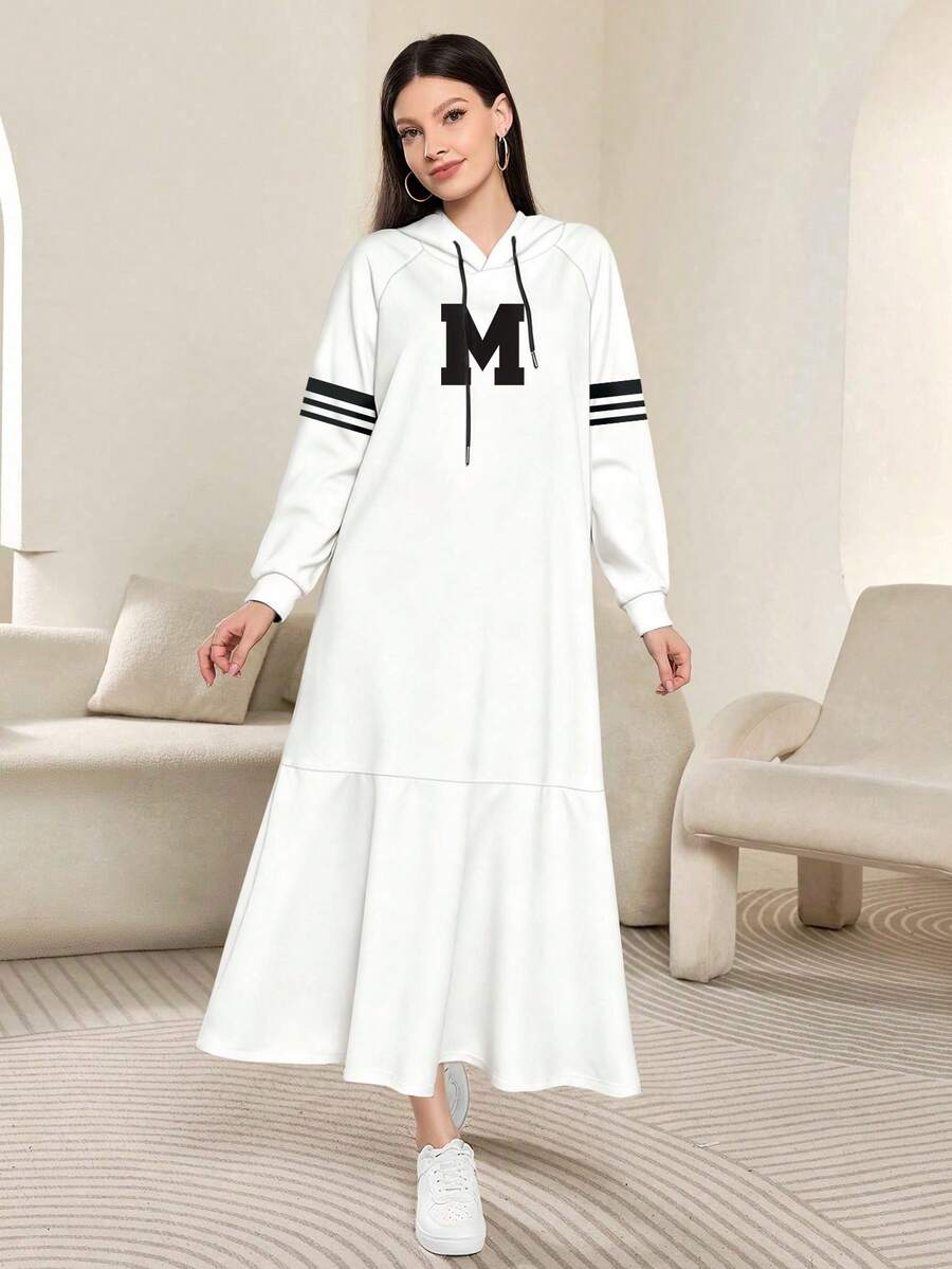 Modelyn M Letter Patchwork Striped Print Fashionable Hooded Raglan Long Sleeve Women's Long Dress, Spring/Autumn - Multicolor - View 1