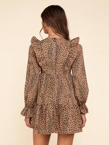 Coeurva 女式豹纹拼布荷叶边下摆休闲长袖连衣裙 - 棕色 - 查看 3