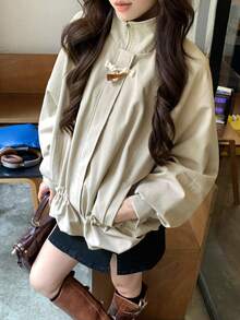 DAZY 女士纯色宽松高领长袖抽绳荷叶边下摆休闲夹克，适合秋冬季 - 卡其色 - 查看 3