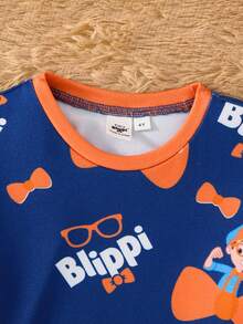 Blippi X SHEIN Young Boy Cartoon Figure Graphic Colorblock Splice Elastic Snug Fit Pajama Set For Autumn/Winter Boy Pjs Set