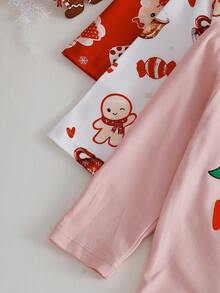 SHEIN 3pcs/Set Baby Girls' Basic Envelope Collar Cute Christmas Pattern Full Print Front Graphic Long Sleeve Bodysuits, Autumn/Winter - Multicolor - View 7