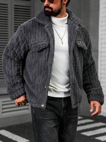 Manfinity CasualCool 男士抓绒法兰绒深灰色夹克，常规版型，袖长至手腕，休闲舒适，男士针织纽扣羊毛夹克，冬季款