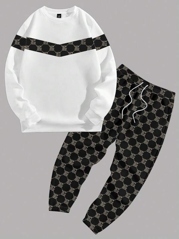 Manfinity Homme Herren Sweatshirt mit Buchstaben- und geometrischem Muster, Rundhalsausschnitt, langen Ärmeln und Hose mit Kordelzug in der Taille, Freizeitanzug