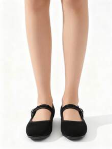 Zapato Mary Jane para mujer de tela mate, punta cuadrada, hebilla, tacón bajo, estilo francés elegante para oficina y uso diario - Negro - Ver 2