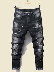 Manfinity Roughcore Men Cotton Splash Ink Print Ripped Frayed Skinny Jeans Plain Slim Fit Long Black Cargo Jeans, For Husband, Boyfriend Gifts Hiking Going Out Party Vacation Urban, Grunge