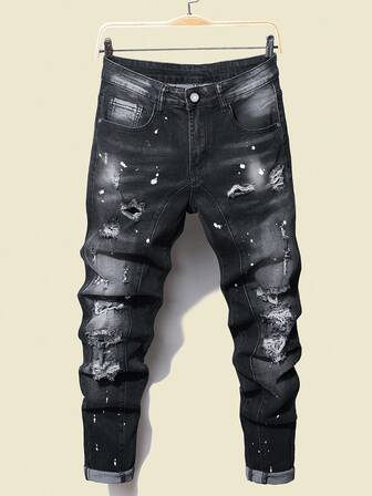 Manfinity LEGND Men Cotton Splash Ink Print Ripped Frayed Skinny Jeans Plain Slim Fit Long Black Cargo Jeans, For Husband, Boyfriend Gifts Hiking Going Out Party Vacation Urban, Grunge