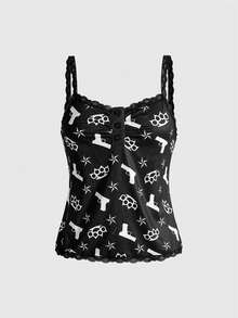 ROMWE Gothic Lace Fingerless Gloves, Pentagram Pattern Casual Cute Cartoon Funny Pajama Shorts Set - Black - View 3