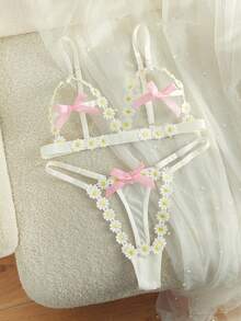 SpicyHot 2 件女士性感法式镂空刺绣透明内衣套装，包含胸罩和内裤 - 白色 - 查看 3