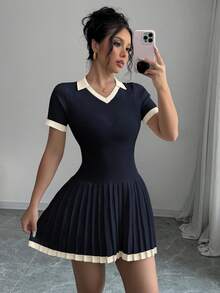 Elenzga 撞色V领休闲褶皱毛衣裙