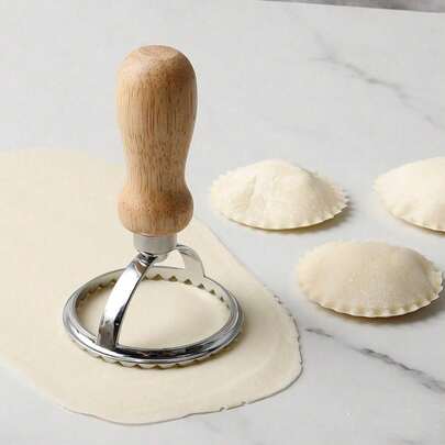 Madebyblanc 1pc Round Dumpling Mold, Wooden Handle Dough Press Mold For Kitchen