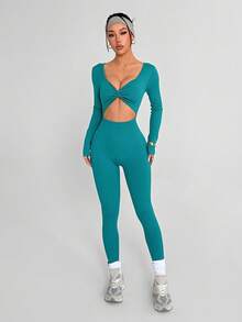 Dewbera Bộ đồ liền thân tay dài khoét rỗng thiết kế xoắn màu trơn dành cho nữ - Màu xanh ngọc - Xem 7